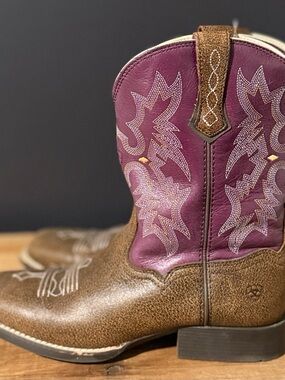 Ariat Kids Cowboy Boots Brown and Purple Leather  Square Toe Western Boots Size